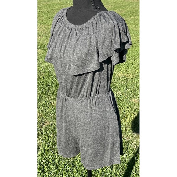 Ruffle Romper Womens Gray Off Shoulder Elastic Waist Knit Jersey Playsuit Casual - Picture 4 of 10